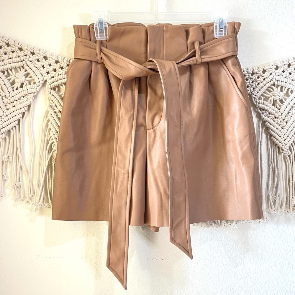 NWT Zara Faux Leather Paper Bag High Waisted Tie Tan Shorts Size M